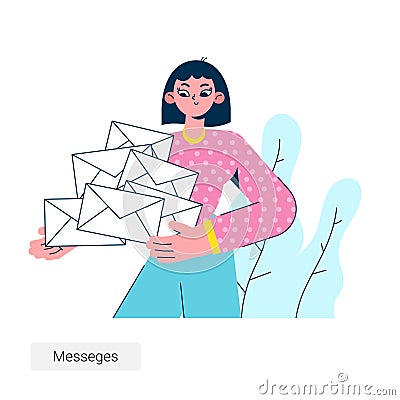 The woman is holding mail envelopes in her hands. Business woman illustration. Workflow as new email, mail notification Cartoon Illustration
