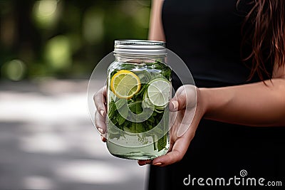 a woman holding a jar of infused water with lemon. Generative Ai Stock Photo