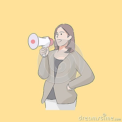 Woman holding megaphone talking instructing Vector Illustration