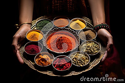 A woman holding a metal tray filled with colorful spices Stock Photo