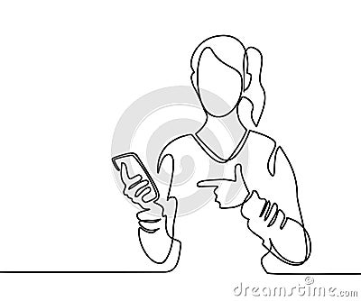 Woman holding mobile phone and pointing finger Vector Illustration