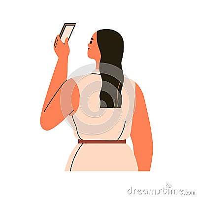 Woman holding mobile phone, taking photo, picture. Happy girl using smartphone for photograph. Person with cellphone Vector Illustration