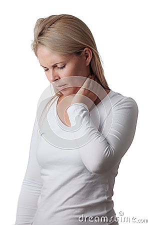 Woman holding the neck isolated on white background. sore throat Stock Photo