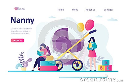 Woman holding newborn baby. Concept of babysitter service or nanny agency. Female character reading book to children Vector Illustration