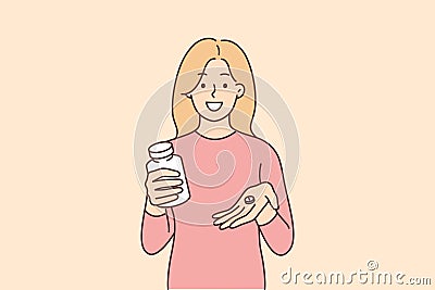 Woman is holding pack of vitamins and capsule of medicine that relieves headache or relieves depressive mood Vector Illustration