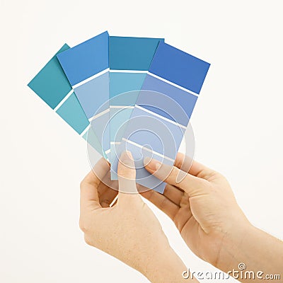 Woman holding paint swatches. Stock Photo