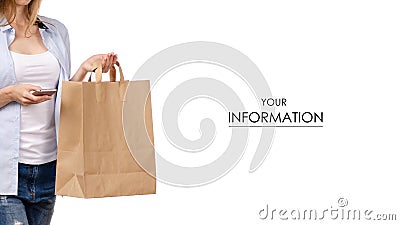 Woman holding a paper bag package shopping, smartphone beauty pattern Stock Photo