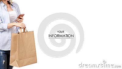 Woman holding a paper bag package shopping, smartphone beauty pattern Stock Photo