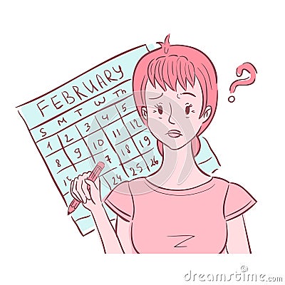 Woman holding pencil and thinking of her irregular periods. Vector Illustration