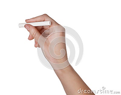 Woman holding piece of chalk isolated on white Stock Photo