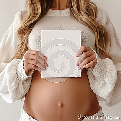 a woman is holding a piece of paper, pregnant belly Stock Photo