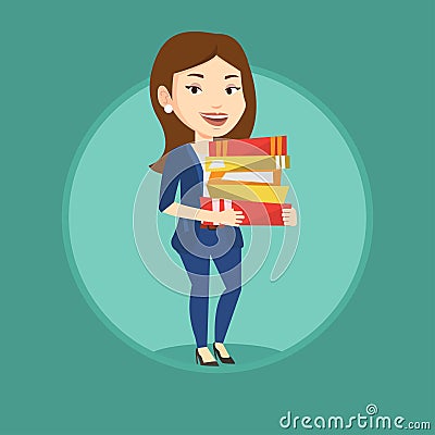 Woman holding pile of books vector illustration. Vector Illustration