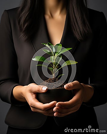 A Woman holding a plant. a business woman presenting a new plant. Generative AI Stock Photo