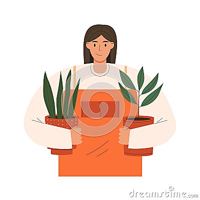 Woman holding potted plants Vector Illustration