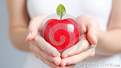 Woman holding red apple in hands, closeup. Healthy food concept Stock Photo