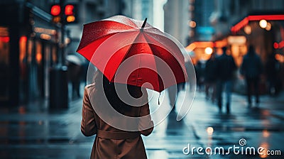 A Woman is holding a red umbrella and walking on a city street. Rainy weather. Stock Photo