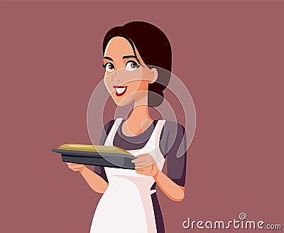 Woman Holding a Savory Pie Vector Cartoon Illustration Vector Illustration