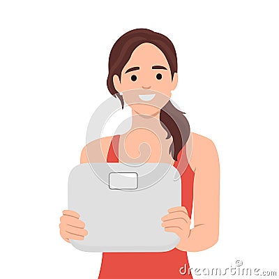 Woman holding scales in hands worried about body weight and figure. Female with weighing scales anxious about diet and weightloss Vector Illustration