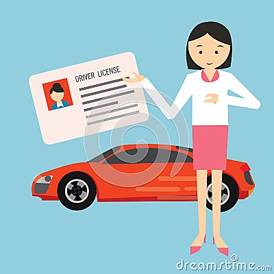 Woman holding show driver driving license in front car Vector Illustration