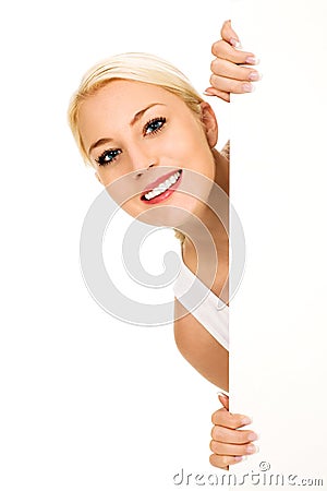 Woman holding sign Stock Photo