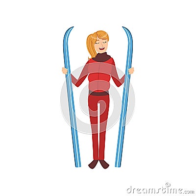 Woman Holding Skis Winter Sports Illustration Vector Illustration