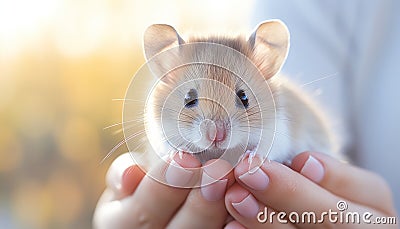 a woman holding a small animal mouse in her hand generative AI Stock Photo