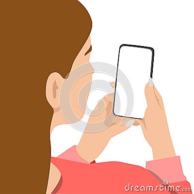 Woman holding smartphone, back view. Girl taking photo, selfie. Photo girl on phone. Phone, Internet User Cartoon Illustration