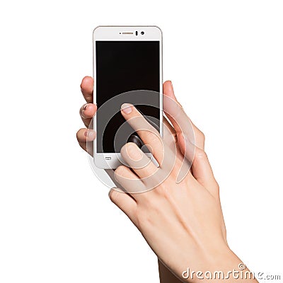 Woman holding smartphone in her hands. Finger touching display Stock Photo