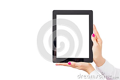 Woman holding tablet computer with empty white screen Stock Photo