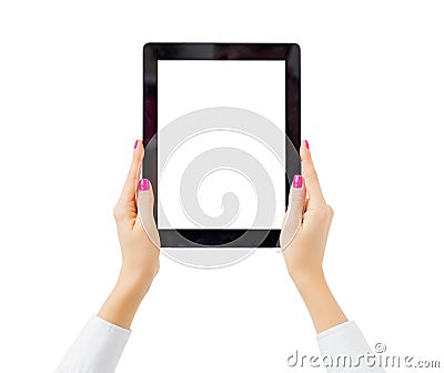 Woman holding tablet computer vertically Stock Photo