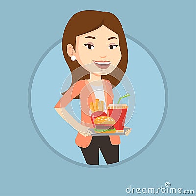 Woman holding tray full of fast food. Vector Illustration