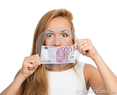 Woman holding up cash money five hundred euro in one note in han Stock Photo