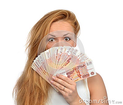 Woman holding up many cash money five thousand russian rubles no Stock Photo