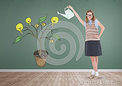 Woman holding watering can and Drawing of Money and idea graphics on plant branches on wall Stock Photo