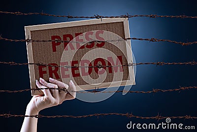 Woman holding wood board with PRESS FREEDOM text and rusty sharp bare wire on dark background, conceptual image. World press Stock Photo