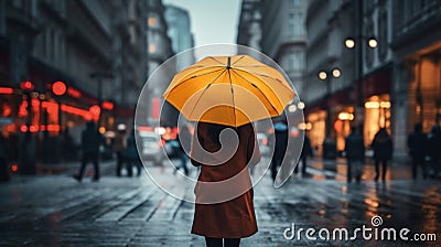 A Woman is holding a yellow umbrella and walking on a city street. Rainy weather. Stock Photo