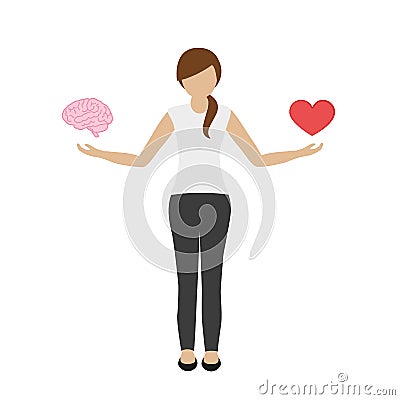 Woman holds brain in one and heart in the other hand Vector Illustration