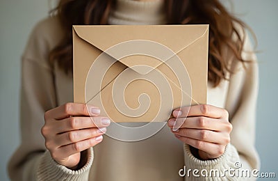 Woman holds brown envelope. Close up view. Blank paper. Concept of communication, correspondence. Empty envelope. Possible use Stock Photo