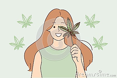 Woman holds cannabis leaf recommending legalization of marijuana use for medical purposes Vector Illustration