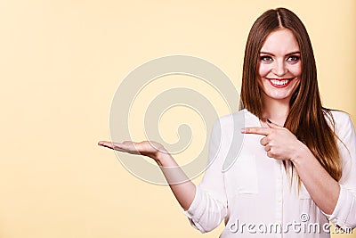 Woman holds empty hand copy space for product Stock Photo