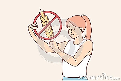 Woman holds gluten-free sign, urging people to stop eating foods containing grains and wheat Vector Illustration