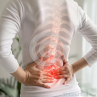 A woman holds his sore back Stock Photo