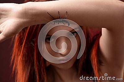 A woman in holds insect mantis in her wrist Stock Photo