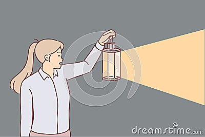 Woman holds lantern standing in dark and illuminating path, as metaphor for search for problems Vector Illustration