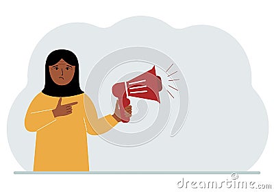 A woman holds a loudspeaker or megaphone in his hand. Big sale, discount, breaking news or new collection concept for Vector Illustration