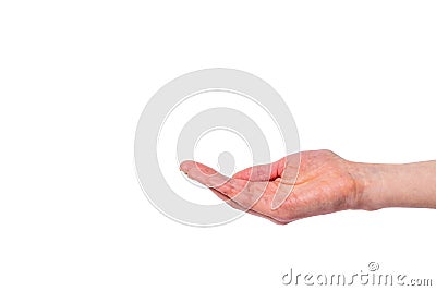 Woman holds one hand out on white background from the side Stock Photo