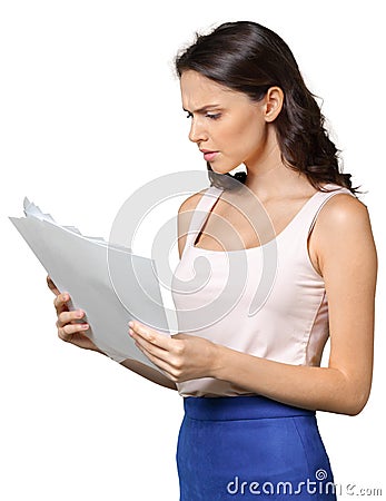 Woman holds pages of paper Stock Photo
