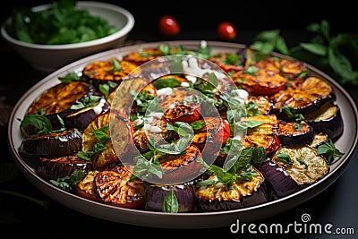 A woman holds a plate with eggplant, onion, corn and green beans c Stock Photo