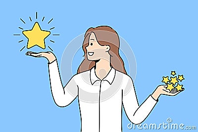 Woman holds rating stars in hands and chooses what rating to give to store or restaurant Vector Illustration