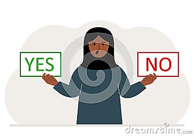 A woman holds two banners Yes and No in his hands. Test question. Indecisive choice, argument, opposition, choice Vector Illustration